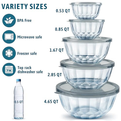 Freshmage Mixing Bowls with Airtight Lids Sets, 5 Packs Thick Glass Nesting Bowls for Kitchen Baking, Meal Prepping, Bpa Free, Dishwasher Safe, 0.5/0.8/1.6/2.7/4.4 Qt