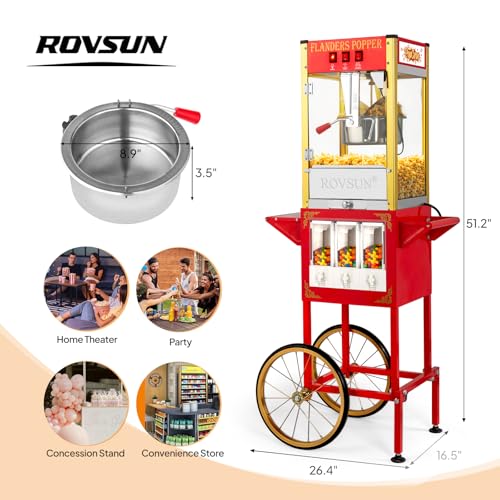 ROVSUN Popcorn Machine Movie Theater Style with Cart & Wheels, 8 Ounce Kettle Makes Up to 32 Cups Popcorn Maker w/Candy Dispensers Scoop Oil Spoon & 3 Popcorn Cups for Commercial Home, ETL Certified