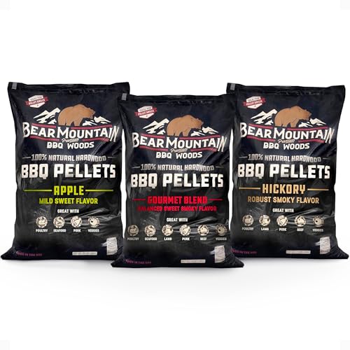 Bear Mountain 3-Pack Wood Pellets for Smoker, Grill & BBQ, 20 Lb, Apple, Hickory & Gourmet - Premium Hardwood Barbecue Pellets for Indoor and Outdoor Grilling
