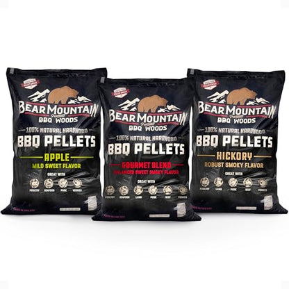 Bear Mountain 3-Pack Wood Pellets for Smoker, Grill & BBQ, 20 Lb, Apple, Hickory & Gourmet - Premium Hardwood Barbecue Pellets for Indoor and Outdoor Grilling