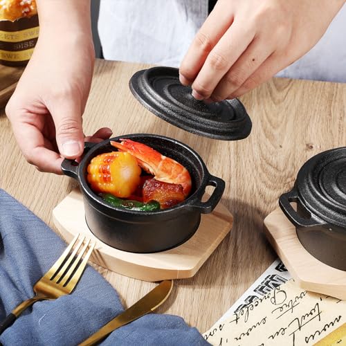 Suttmin 2 Sets 8 oz Dutch Oven Pot with Lid and Wooden Base Pre Seasoned Cast Iron Casserole Mini Cast Iron Pot Round Cocotte with Handle Heavy Duty Casserole Dish for Grill Oven Black