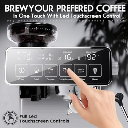 PULZO Espresso Machine with Grinder, 20 Bar Professional Coffee Machine, All-in-One Stainless Steel Coffee Maker with Milk Frother, to Make Latte, Cappuccino, 67oz Detachable Water Tank