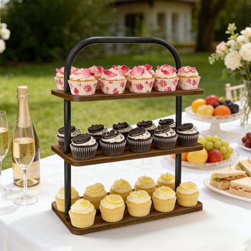 OugeWood 3 Tier Cupcake Stand 2 PACK Wooden Metal Cupcake Stand Reusable Cupcake Display Stand Tiered Tray Stand Dessert Table Display Set Serving Trays for Party Rustic Farmhouse Vendor