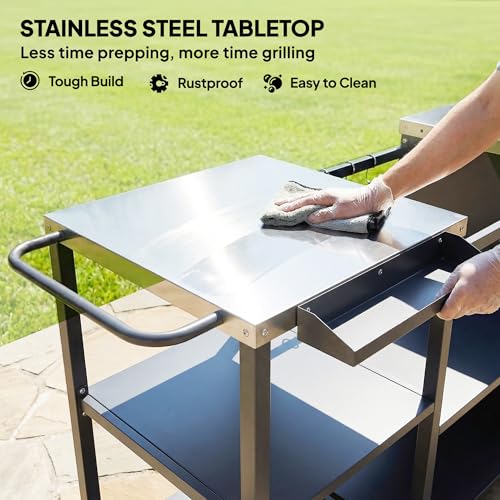Outsunny Grill Table for Big Green Egg Grill, Heavy Duty Metal BBQ Prep Table with Stainless Steel Top, Storage Cabinet, Spice Rack, Paper Towel Rack, Outdoor Kitchen Island with Wheels, Hooks, Handle