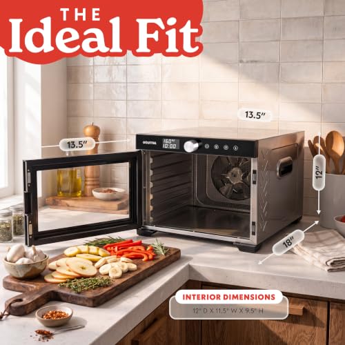 Gourmia Digital Food Dehydrator – 6 Stainless Steel Trays, 360° Airflow, One-Touch Presets, Adjustable Temp 95–165°F, Timer, Glass Door, Quiet Operation, 600W – Healthy Snacks, Jerky, Fruits & More