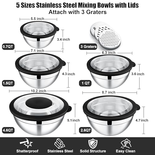 E-far Mixing Bowls Set of 5, Stainless Steel Salad Mixing Bowl with Transparent Lid, Metal Nesting Bowl Attach with 3 Graters for Kitchen Prepping/Serving/Baking/Storage, 4.6/2.6/1.5/1/0.7 QT - Black
