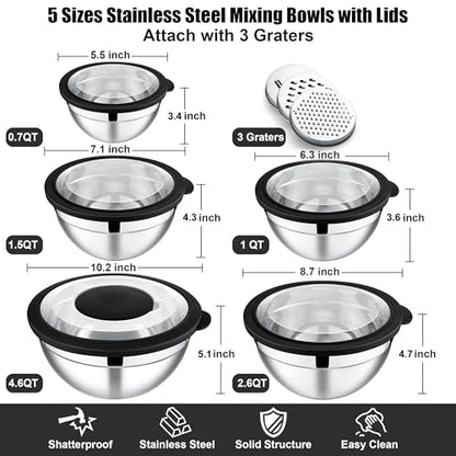 E-far Mixing Bowls Set of 5, Stainless Steel Salad Mixing Bowl with Transparent Lid, Metal Nesting Bowl Attach with 3 Graters for Kitchen Prepping/Serving/Baking/Storage, 4.6/2.6/1.5/1/0.7 QT - Black