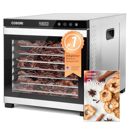 COSORI Food Dehydrator for Jerky, 10 Trays, 16.2ft² Drying Space, 165°F Temperature Control, 48H Timer, 1000W Dehydrator Machine, Stainless Steel, for Herbs, Fruit, Meat, and Yogurt, Silver