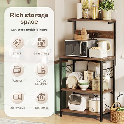 SUPERJARE Kitchen Bakers Rack with Power Outlet, Coffee Bar Table 4 Tiers, Kitchen Microwave Stand with 6 S-shaped Hooks, Storage Shelf Rack for Spices, Pots and Pans - Rustic Brown