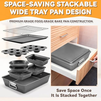 Gymdin 12PCS Nonstick Bakeware Set, Non-Toxic Carbon Steel Baking Pans Set with Wider Grip, Includes Roasting Pan, Cookie Sheet, Cake Pans, Muffin Pans, Cooling Rack, Oven Mitts, Easy Release