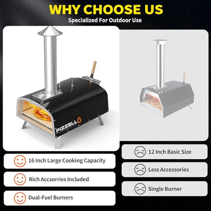 PIZZELLO 16" Outdoor Pizza Oven Propane & Wood Fired Multi-fuel Large Stainless Steel Pizza Grill with Gas Burner, Wood Tray Pizza Stone, Pizza Peel, Carry Bag (Black)