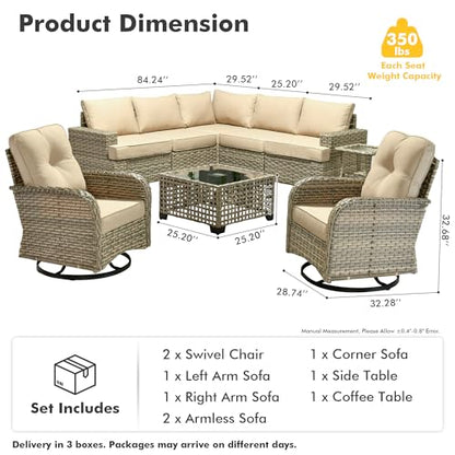HOOOWOOO Sectional Patio Furniture Set with Swivel Chairs,9 Pieces Wicker Outdoor Furniture L Shaped Couch,Outside Conversation Set with Extra Deep Seat Sofa Wide Arm Solar Light Table,Beige
