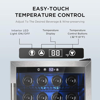 Electactic Wine Cooler 37 Bottle Freestanding Fridge with Stainless Steel Reversible Glass Door, 145 Can Beverage Refrigerator Quiet Compressor for Home Kitchen Bar, 4.5 Cu.ft Silver