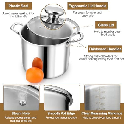 P&P CHEF 12 Quart Tri-Ply Stainless Steel Stockpot, Stock Pot with Visible Lid for Soup Pasta Vegetable, Induction Cooking Pot for All Stoves, Sturdy & Double Handle, Dishwasher Safe