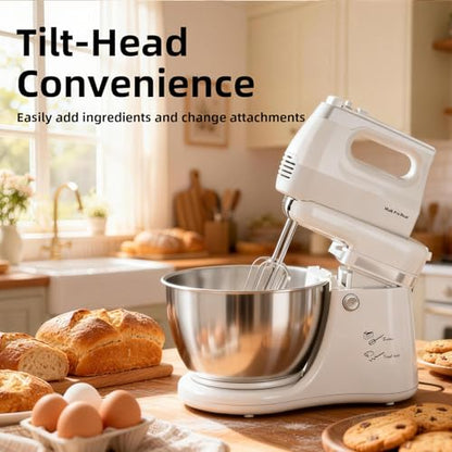 Vikaluz 4.8QT 2-in-1 Stand Mixer, Electric Kitchen Mixer with Auto-Rotating Bowl & Tilt-Head, 5-Speed 250W Turbo Baking Machine for Beginners with Beater & Dough Hook for Cookie, Bread, Cake (White)