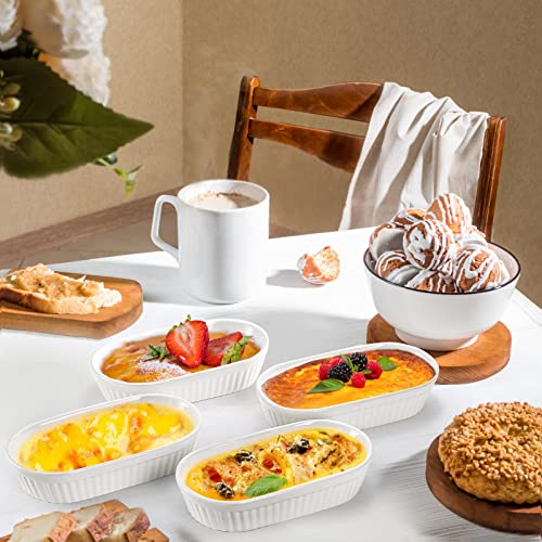 Foraineam 10 Pack White Ramekins, Porcelain Souffle Dishes, Oval Crème Brulée Ramekins for Baking, 6 Ounce Dessert Bowls Set for Soufflé, Pudding, Quiche, Snack, Custard, Dishwasher and Oven Safe