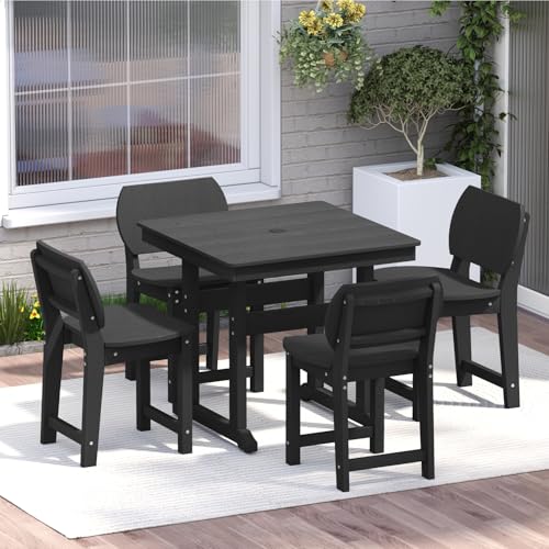 BIVODA 5-Piece HDPE Outdoor Dining Set, Weatherproof Patio Table and Chairs Set for 4, Includes 1 Square Table and 6 Armless Chairs, with Umbrella Hole (Black)