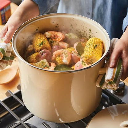 Rachael Ray Enamel on Steel Stockpot with Lid, Induction Suitable, 12 Quart, Almond Cream