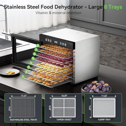 650W Food Dehydrator, 8-Tray Stainless Steel Dehydrator Machine with Adjustable Timer & Temperature, Overheat Protection, Fruit Dehydrator for Jerky, Herbs, Dog Treats, Interior Light