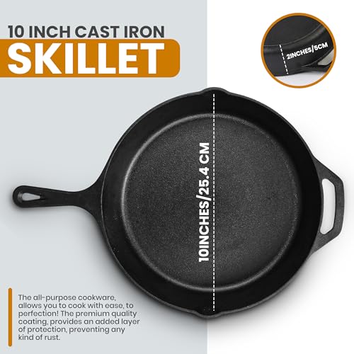 Utopia Kitchen Saute Fry Pan Pre-Seasoned Cast Iron Skillet With Lid, Frying Pan, Cast Iron Pan, Safe Grill Cookware for Indoor & Outdoor Use (1, Black, 10 Inch)