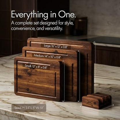 Xushro Acacia Wood Cutting Board Set of 3 with Stand - Thick Wooden Chopping Boards with Deep Juice Grooves - Non-Slip & Durable Wooden Boards for Meat & Vegetables (16x12, 14x10, 12x8) - Walnut