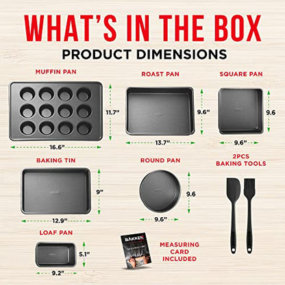 Bakeware Set – 8 Piece – Non-Stick Professional Home Bakeware – Multi Sized Baking Pan Set - Muffin Pan, Loaf Pan and More – Black