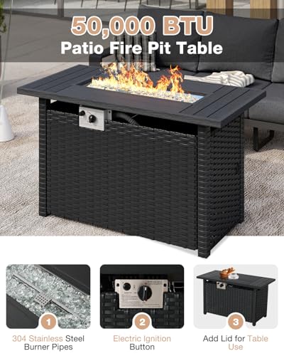 Aoxun Aluminum Patio Furniture Set with Fire Pit Table, 5 Piece Luxury Outdoor Sectional with 6" Olefin Fabric Cushions, Patio Conversation Sets with Waterproof Cover for Backyard, Porch Dark Grey