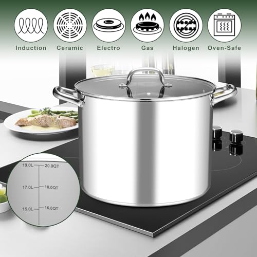 Leonyo 20QT Stock Pot, 18/10 Stainless Steel Soup Pot With Lid, Heavy Duty Stockpot Compatible with All Stoves, Food Grade Cookware for Pasta, Seafood, Spaghetti, Non Stick & Tri-Ply Base