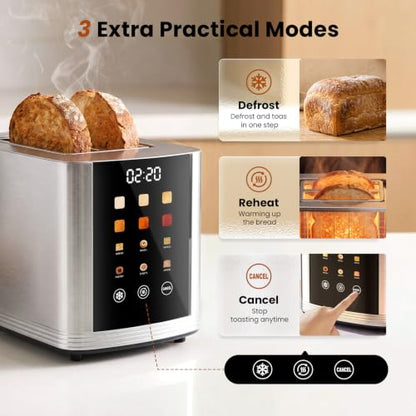 Toaster 2 Slice Touch Screen, Smart Toaster Wide Slot, Full Stainless Steel