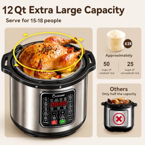 CAZACHEF 12L stainless steel Pressure Cooker | 24-hour Presetting electric rice cooker, 14 in 1 slow cooker with temperature control | LED Multifunction Steamer, Food Warmer with nonstick pot