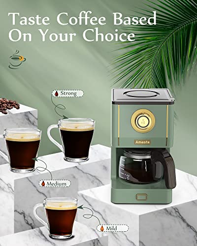 Amaste Drip Coffee Maker, Coffee Machine with 25 Oz Glass Coffee Pot, Retro Style Coffee Maker with Reusable Filter & Three Brewing Modes, Warming Plate, Matcha Green