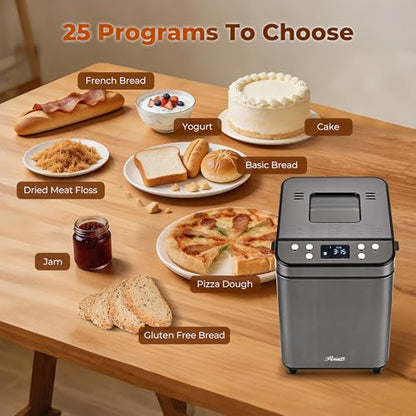 Rosewill 25-in-1 Automatic Bread Maker Machine with 3 Loaf Size up to 2 Lb, 700W High Power Dual Heater with BPA-free Nonstick Coating Pan, Max 15 Hours Delay Timer, Low Noise - Gray