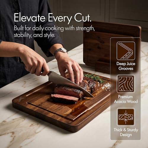 Xushro Acacia Wood Cutting Board Set of 3 with Stand - Thick Wooden Chopping Boards with Deep Juice Grooves - Non-Slip & Durable Wooden Boards for Meat & Vegetables (16x12, 14x10, 12x8) - Walnut