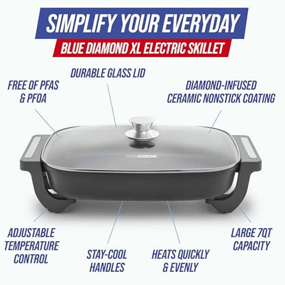Blue Diamond 7QT 5-in-1 Extra Large Electric Skillet, Healthy Ceramic Nonstick Interior, Non-Toxic PFAS-Free, Temperature Control, Stay Cool Handles, Easy Clean, Graphite