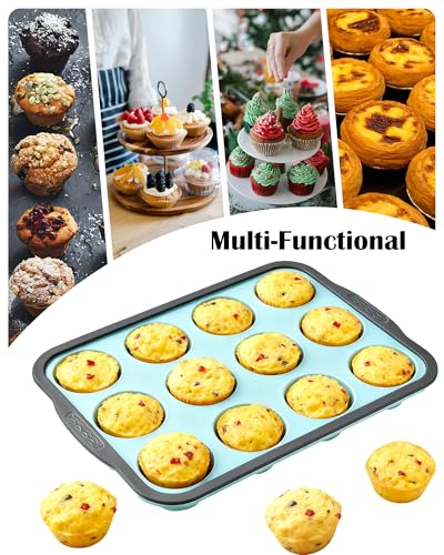 LGQUK Silicone Muffin Pan for Baking with Metal Frame， Nonstick Cupcake Pan， 12 Cup Baking Pan for Cupcake, Tarts, Egg Bites(12 Cup Green)