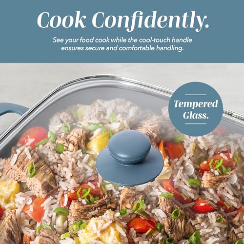 COOK WITH COLOR Electric Skillet - 12" x 12" Ceramic Nonstick Pan, PFAS-Free, 1400W, Tempered Glass Lid, Variable Temperature, Removable Heating Probe, Cool-Touch Handles, Slate Blue