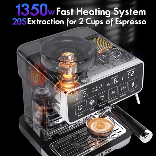PULZO Espresso Machine with Grinder, 20 Bar Professional Coffee Machine, All-in-One Stainless Steel Coffee Maker with Milk Frother, to Make Latte, Cappuccino, 67oz Detachable Water Tank