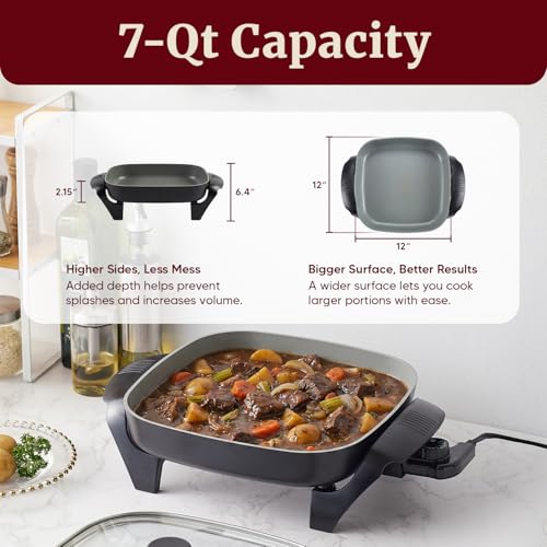 Elite Gourmet 12"x12"x2.15” Ceralast™ PFAS Free Ceramic Electric Skillet, Dishwasher Safe, Rapid Heat Up, 1200W, Dark Grey