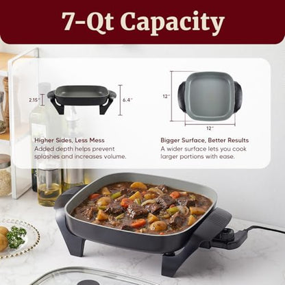 Elite Gourmet 12"x12"x2.15” Ceralast™ PFAS Free Ceramic Electric Skillet, Dishwasher Safe, Rapid Heat Up, 1200W, Dark Grey