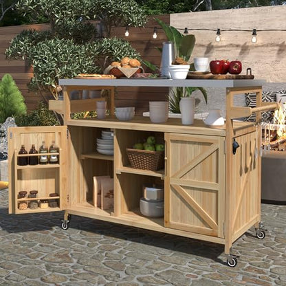 Outdoor Kitchen Rolling Bar Cart with Storage Cabinet, Farmhouse Solid Wood Outdoor Grill Table with Stainless Steel Top, Spice Rack and Towel Rack, Perfect for Barbecue Poolside Patio (Natural)
