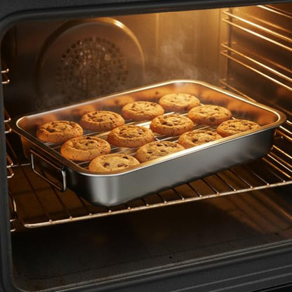 Stainless Steel Roasting Pan with Rack & Handles, 15.6"x11.6"x2.8" Deep - Food Grade No Coating, Dishwasher Safe - Large Roaster for Turkey Chicken Beef Vegetables for Homeowner Kitchen