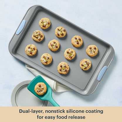 Pyrex 8-Piece Metal Bakeware Set, Lightweight Stainless Steel Baking Trays with Heatsafe Silicone Handles, Cookie & Muffin Sheets, Round/Square Baking Pans, Cerulean