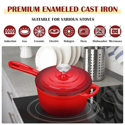E-far Enameled Cast Iron Sauce Pan, 2 Quart Dutch Oven Saucepan with Lid, Small Sauce Pot for Cooking, Boiling, Healthy & Non Toxic, Induction & Oven Safe, Red