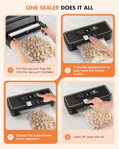 UPRUBE Vacuum Sealer for Food, 95kPa Food Saver Machine, 135W Fast-Sealing with Easy Tear Cutter, Built-in Bag Storage, 9-in-1 Compact with 10 ft Bag Roll