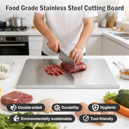 Stainless Steel Cutting Board with Lip, Large Metal Chopping Board with Counter Edge, Dishwasher Safe Non-Slip Pastry Board for Meat Vegetables & Baking(18x14)