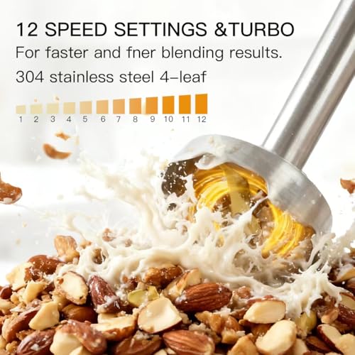 MegaWise Blender Handheld 12-Speed Stainless Steel Electric Hand Blender, 3 in 1 Immersion Handheld Blender，with Sturdy Titanium Plated Stainless Steel Blades(black)