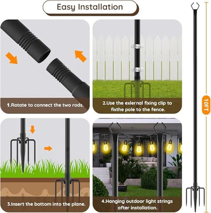 AILBTON 10Ft String Light Poles 4 Pack,Light Poles for Outside Lights,Outdoor with Fence Brackets Hanging Lights,Metal Stand Deck Patio Backyard