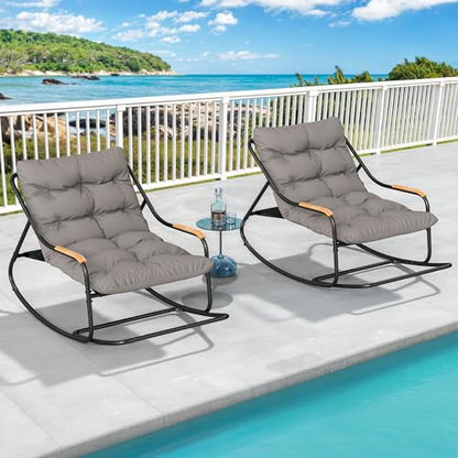 DWVO Outdoor Rocking Chair, Over-Sized Patio Rocking Chair with Removable Cushion, All-Weather Lounge Chair Outdoor Porch Rockers for Lawn, Garden, Backyard, Black