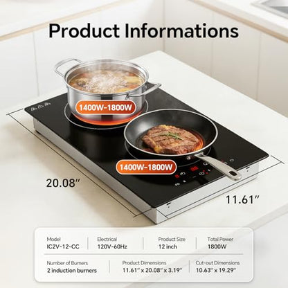 Ranein 12 Inch 2 Burner Induction Cooktop, 1800W, 120V