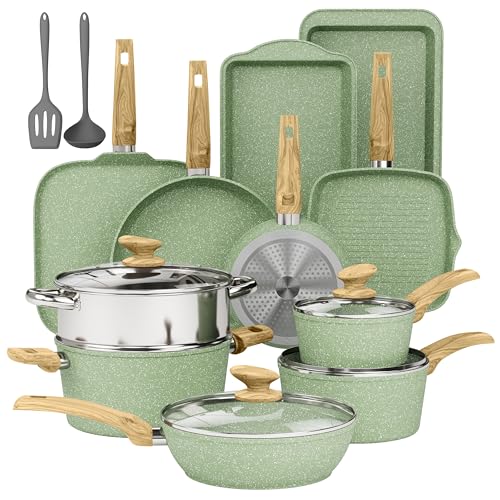 17 Piece Pots and Pans Set Non Stick, Nonstick Induction Granite Kitchen Cookware Sets, Induction Cookware Frying Pans, Nonstick Granite Cooking Set, Pan Sets for Cooking, Green